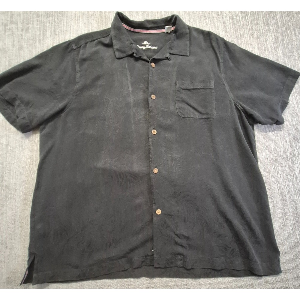 Tommy Bahama Men's XXL 100% Silk Black Short Sleeve Button Up Camp Shirt Resort